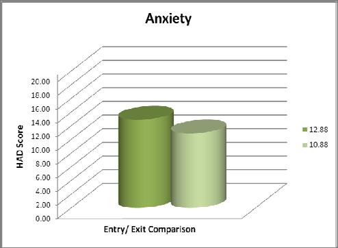 65 Programme Results Hospital Anxiety and Depression Scale The Hospital Anxiety and Depression Scale (HAD) is utilised to measure the clients levels of depression and anxiety before and after active