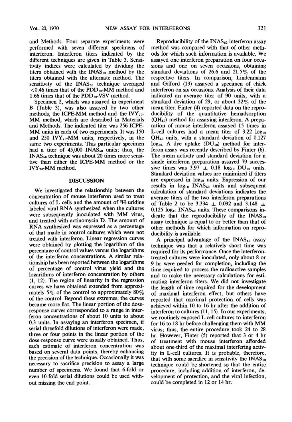 VOL. 20, 1970 NEW ASSAY FOR INTERFERONS and Methods. Four separate experiments were performed with seven different specimens of interferon.
