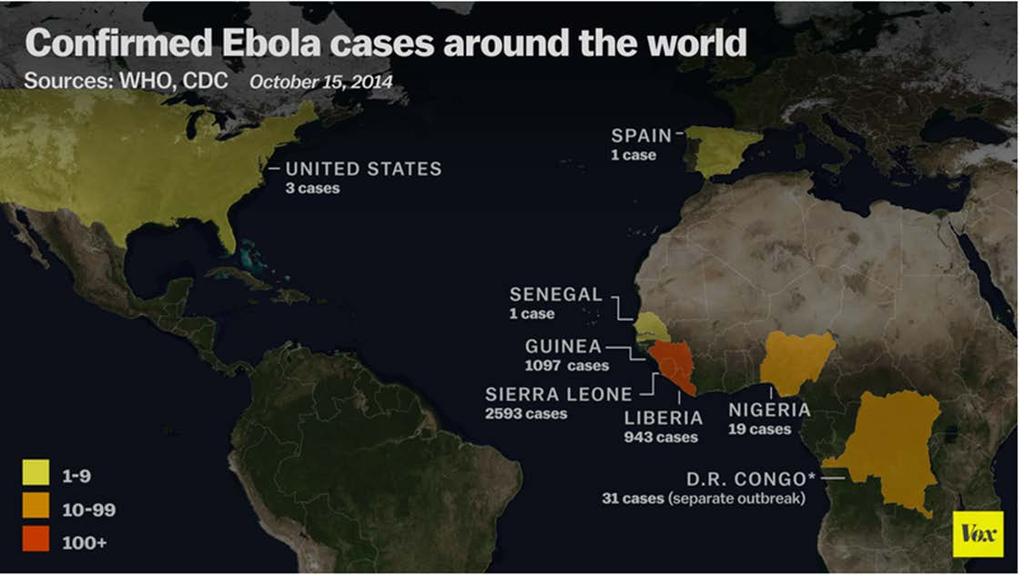 The Largest Ebola Outbreak in Recorded History The Ebola virus has now hit five countries: Guinea, Liberia, Sierra Leone, Nigeria, and Senegal.