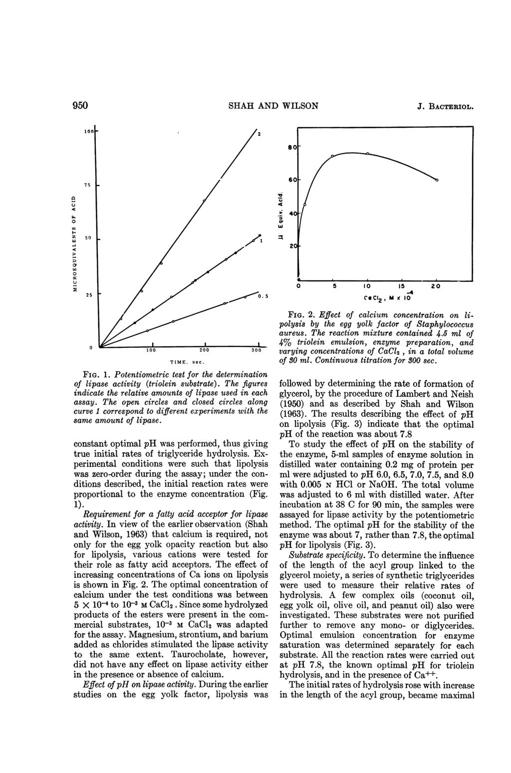 95 SHAH AND WILSON J. BACTERIOL. 2; 4 z 5 25 1 2 3 TIME. sec. FIG. 1. Potentiometric test for the determination of lipase activity (triolein substrate).