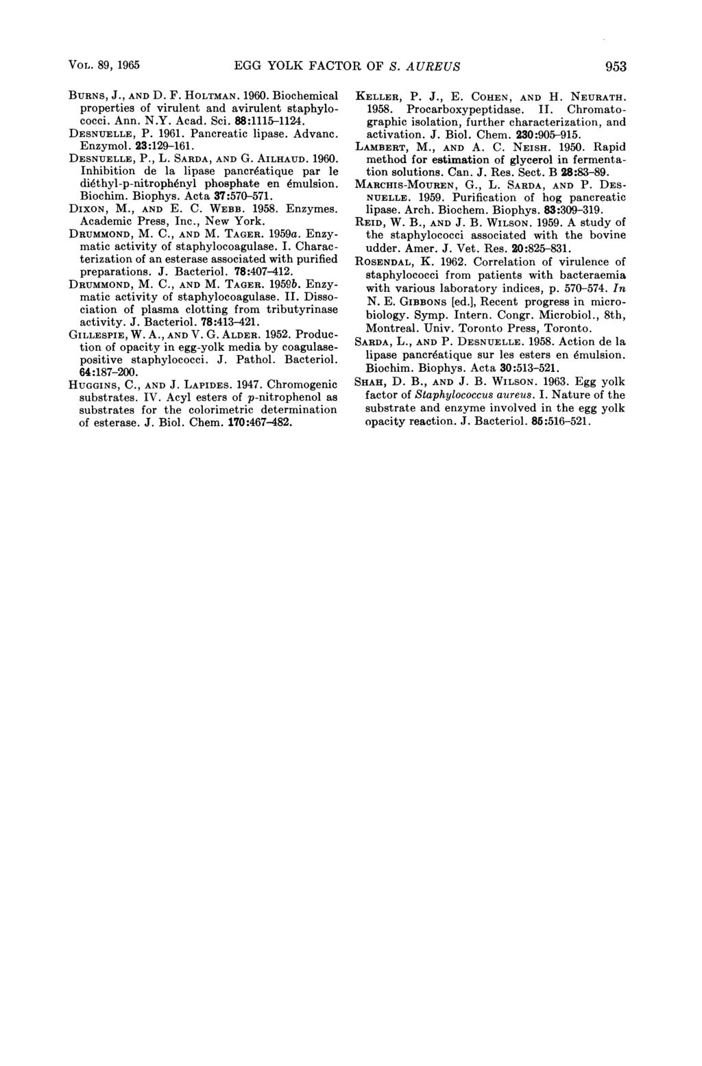 VOL. 89, 1965 EGG YOLK FACTOR OF S. AUREUS 953 BURNS, J., AND D. F. HOLTMAN. 196. Biochemical properties of virulent and avirulent staphylococci. Ann. N.Y. Acad. Sci. 88:1115-1124. DESNUELLE, P. 1961.