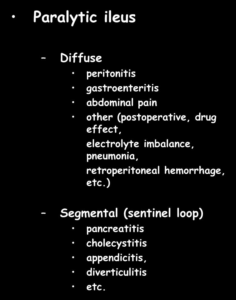 Diffuse/segmental gas/fluid levels Paralytic ileus Diffuse peritonitis