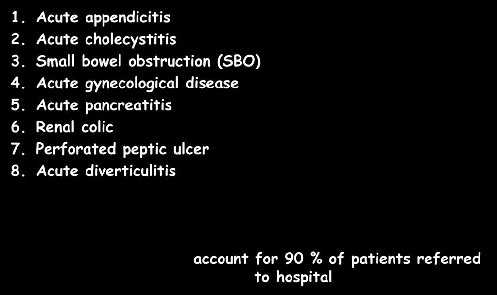 Acute abdomen top 8 1. Acute appendicitis 2. Acute cholecystitis 3.