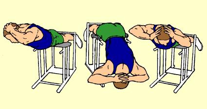 Breathe deeply, keeping your head down and your chest high. 13) Twisting Hyper Extension Low Back Extend upper body over end of high bench. Lock legs under support. End of bench should be at hips.