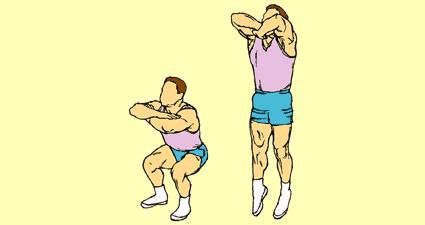 Keep head up, back straight, knees slightly out. Jump straight up in air as high as possible, using thighs like springs. Immediately squat and jump again.