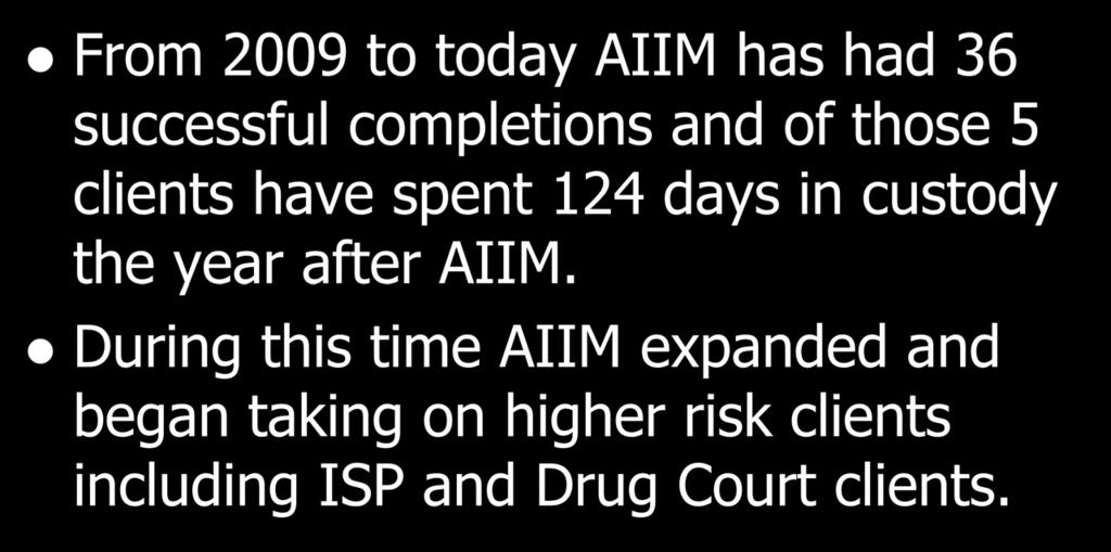 AIIM current 2009-today From 2009 to today AIIM has had 36 successful completions and of those 5 clients have spent 124 days in