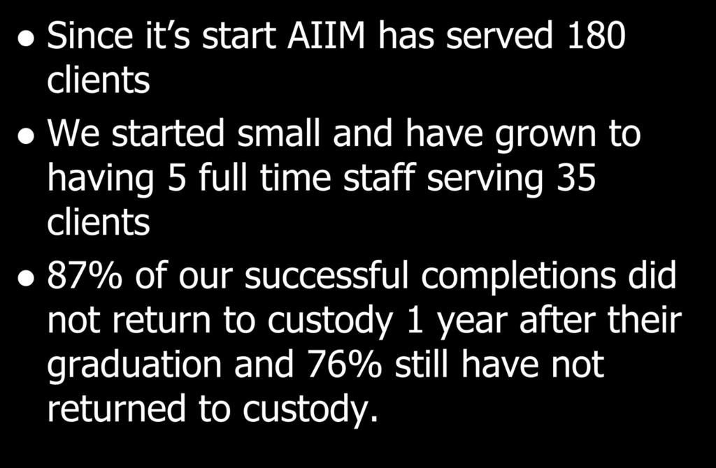AIIM historical Since it s start AIIM has served 180 clients We started small and have grown to having 5 full time staff serving 35