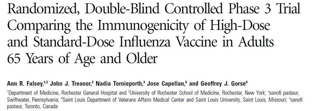 Methods: Multicenter, randomized, double-blind controlled study HD vaccine (which contains 60 mg of hemagglutinin per strain) SD