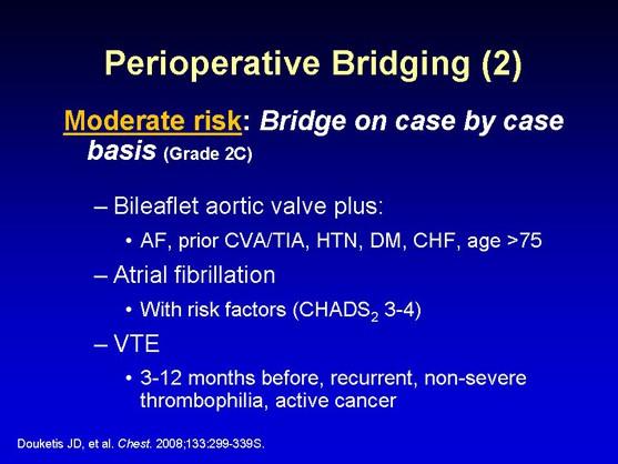 Slide 12: Perioperative Bridging (2) The next group of patients is felt to be at moderate risk, and the recommendation here is to use bridging on a case-by-case basis.