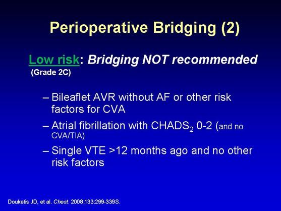 Slide 13: Perioperative Bridging (3) The third group is patients who are considered to be at low risk for developing a thromboembolism, and, in these cases, bridging is not recommended.