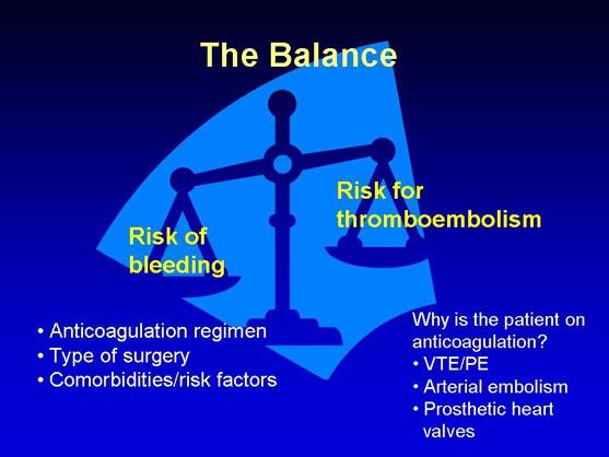 Slide 3: The Balance In order to decide how to manage the patient's anticoagulation before surgery, you need to take into account the balance between the risk of bleeding and the risk for