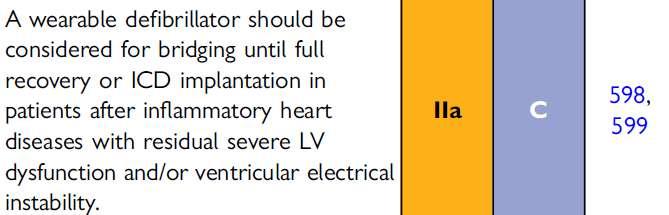 Wearable ICD: SCD Guidelines 2015 598 Prochnau, Successful use of a wearable cardioverter-defibrillator in myocarditis with normal ejection fraction.