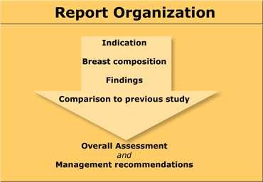 Report organization based on BI-RADS system The reporting system is designed to