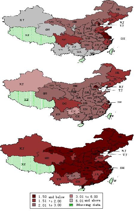 Figure 4: TFR of all provinces in the year of 1980, 1990 and 2000 Note: Codes of provinces in Figure 3 and Figure 4: BJ: Beijing LN: Liaoning SH: Shanghai HN: Henan SC: Sichuan SA: Shaanxi TW: Taiwan
