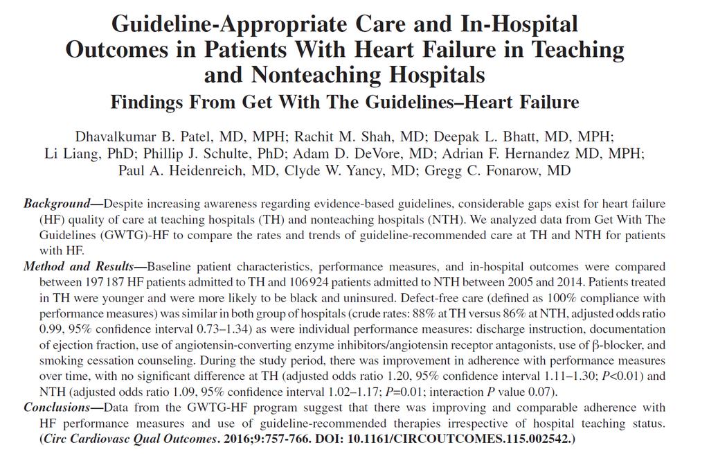 Impact of GWTG-HF in Teaching and Non-Teaching Hospitals Hospitals in the GWTG HF program