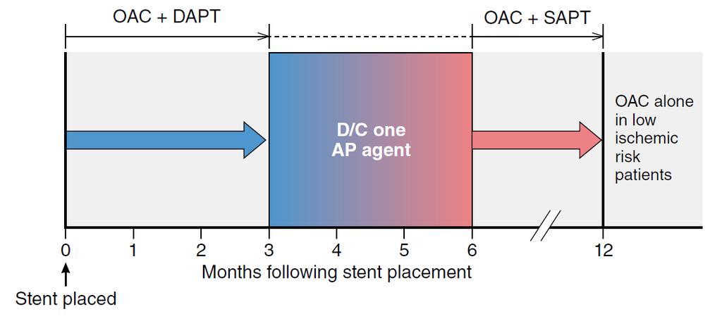 Antithrombotic Management High Thrombotic / Low Bleeding Risk Shorter (e.g., 3 month) and longer (e.g., 6 months) DAPT duration should be considered in patients treated with BMS and DES, respectively.