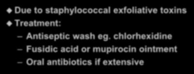 Bullous impetigo Due to staphylococcal exfoliative toxins Treatment: Antiseptic