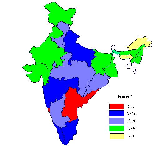Distribution of Childless women in India 1998-99 Note: For