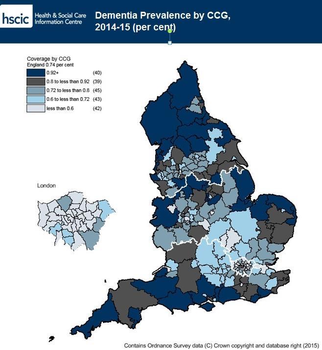 Figure 3: prevalence by CCG 2014/15 The map (figure 3) indicates that dementia prevalence tends to be higher in rural and coastal areas, this reflects population structures and the higher incidence