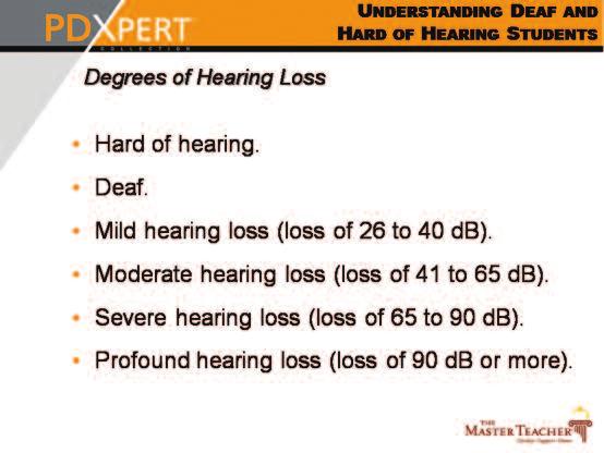 Slide 18 Hard of hearing: Mild to moderate hearing loss. The person can detect some sounds with amplification.