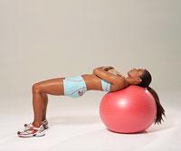 Ball Bridge Targets lower back, glutes, hamstrings, inner thighs Lie with head and shoulders on ball, knees over ankles, arms crossed.