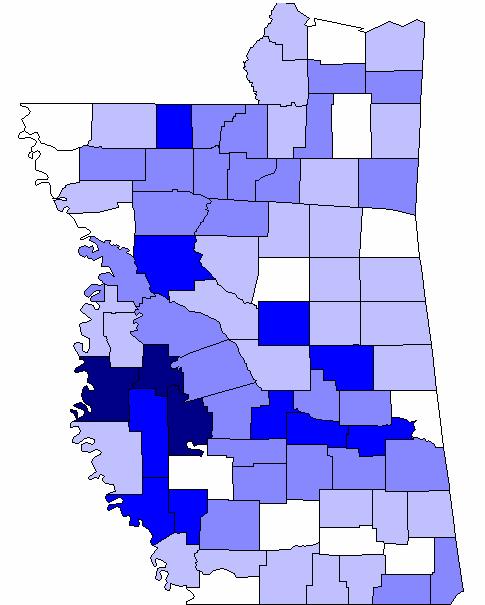 Map 4.2. Estimated asthma emergency department discharge rate per 10,000 population by county of residence, Mississippi, 2003-2007* Data Not Available 1 6.0-34.75 34.76-63.5 63.51-92.25 92.