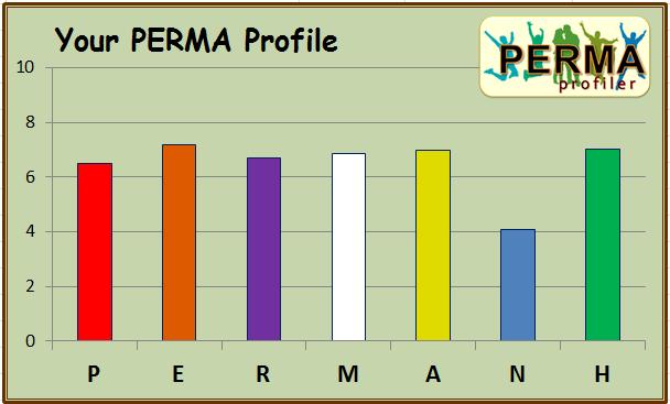 Scoring: Scores are calculated as the average of the items comprising each factor: Positive Emotion: P = mean(p1,p2,p3) Engagement: E = mean(e1,e2,e3) Relationships: R = mean(r1,r2,r3) Meaning M =