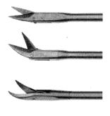 1mm Ø, straight Cutting Forceps, cupped jaws 1mm Ø, curved up Alligator Forceps, serrated, straight Scissors, straight
