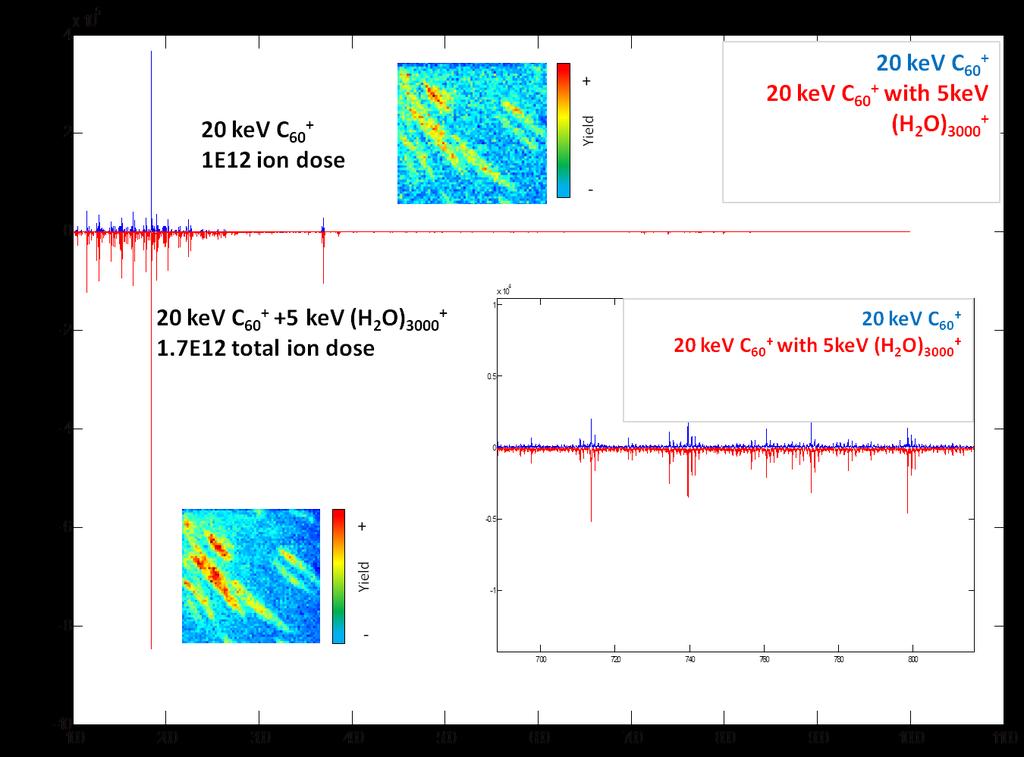 detected from the peaks located in m/z 500-1000 region show higher secondary ion yields with 20 kev (H 2O) 4500 + which has an energy per nucleon closer to 0.2 ev. 6.5.2.1 Dual beam approach Another area of the brain striatum was analysed with a dual beam approach.