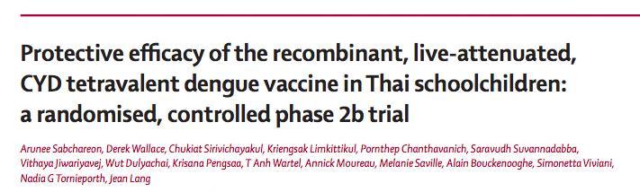 PHÒNG NGỪA Hiệu quả bảo vệ của vaccin dengue tái tổ hợp, sống giảm độc lực, CYD tứ giá trên các học sinh thái lan : thử nghiệm pha 2b, ngẫu nhiên, có chứng Kết quả: 4002 trẻ em tham gia, được chích