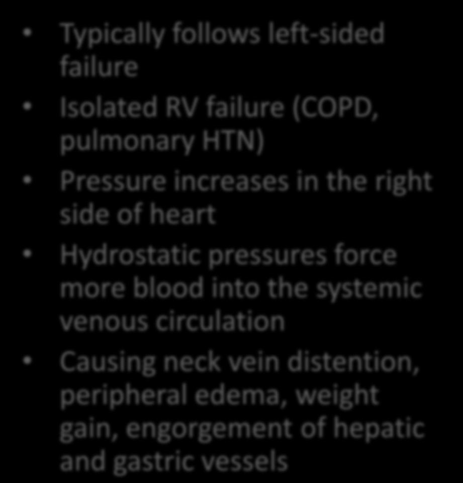 sided Heart Failure Typically follows left-sided failure Isolated RV failure (COPD, pulmonary HTN) Pressure increases in the right side of heart Hydrostatic
