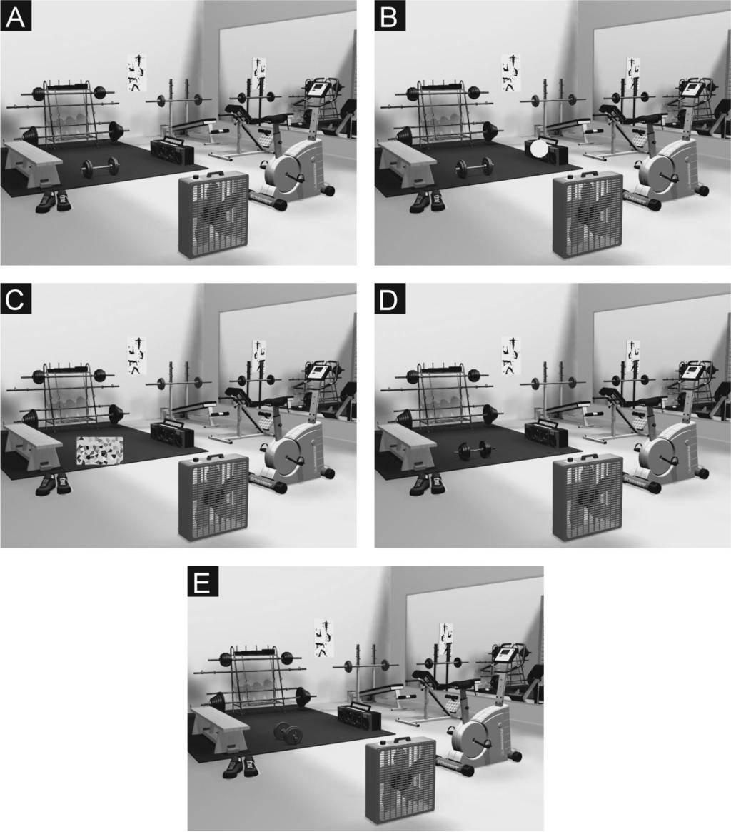 524 HOLLINGWORTH Figure 2. Stimulus manipulations used in Experiments 1 5 for a sample scene item. A: The initial scene (the barbell was the target object).