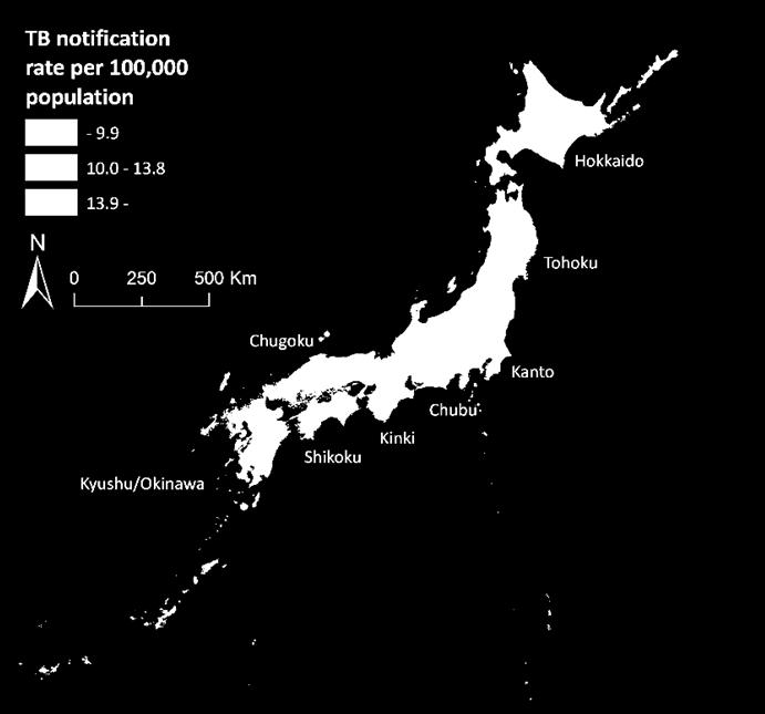 Geographical distribution: In terms of regional disparities, large variation existed between the 8 regions of Japan, with the notification rate ranging from 9.2 per 100,000 in Tohoku region to 17.