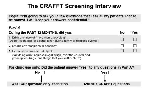 Example: Responses to CRAFFT Screening Interview Questions 37 Responds no to car 37 http://www.ceasar.org/crafft/index.php 38 http://files.hria.org/files/sa3543.