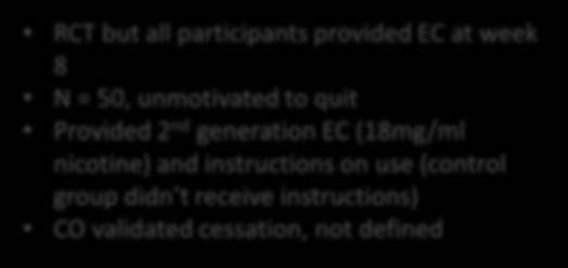 participants provided EC at week 8 N = 50, unmotivated to quit Provided 2 nd generation EC (18mg/ml nicotine) and instructions