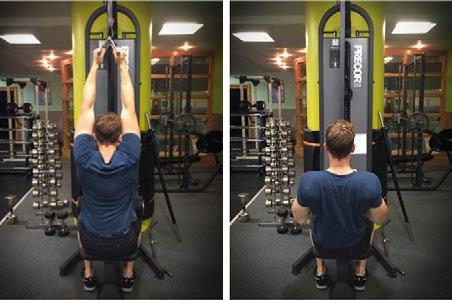 5. CLOSE GRIP LAT PULLDOWN 3 x 15 reps 90 seconds Pull up, Assisted Pull up Attach a narrow double handle to a lat pulldown machine and place your hands on the handles (palms facing each