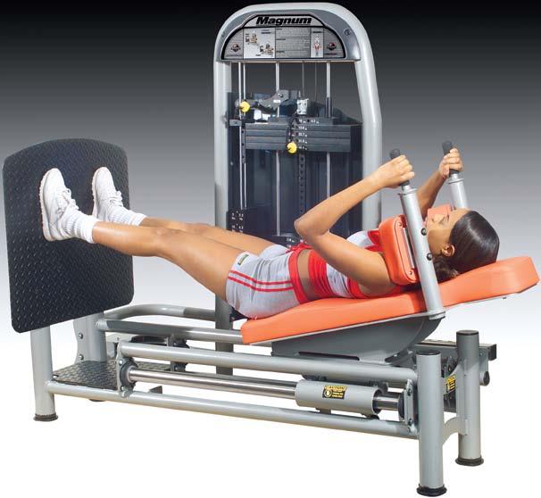 SUPPLEMENTARY MACHINES 2003 : LYING LEG PRESS Back pad with built in lumbar and cervical support coupled with shoulder pads and hand grips