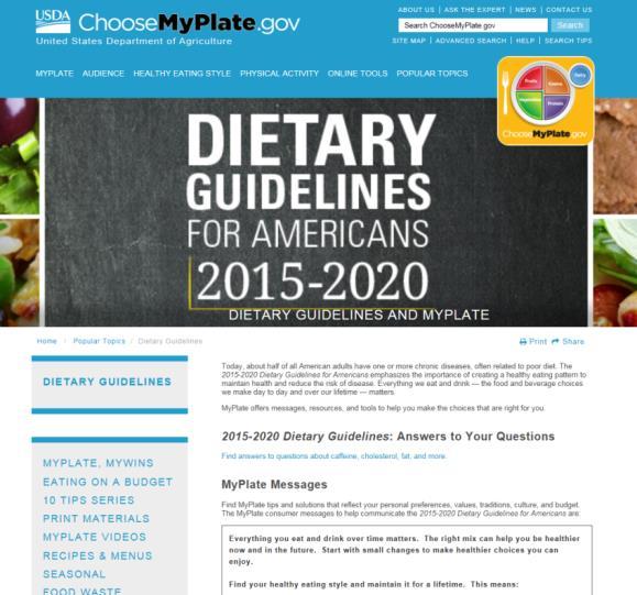 DIETARY GUIDELINES RESOURCES Dietary Guidelines information and resources: Consumer Q&As Key consumer messages and materials