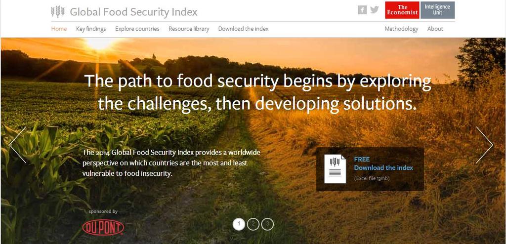 The Global Food Security Index DuPont commissioned the Economist Intelligence Unit in 2012 to develop the Global Food Security Index Ranks 109 countries according to their relative levels of food