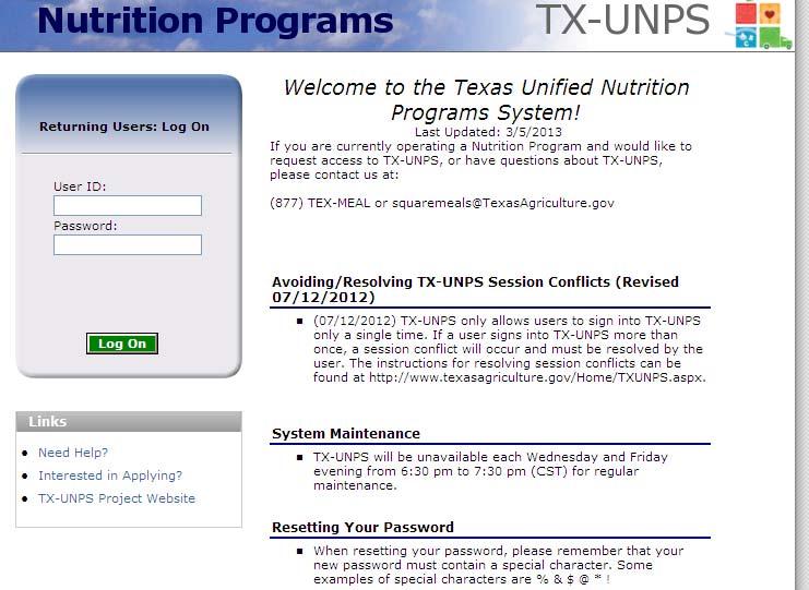 USDA FDP: TX UNPS TX UNPS Tracks USDA Food entitlement, requests, allocations, reports, and more Provides online capability