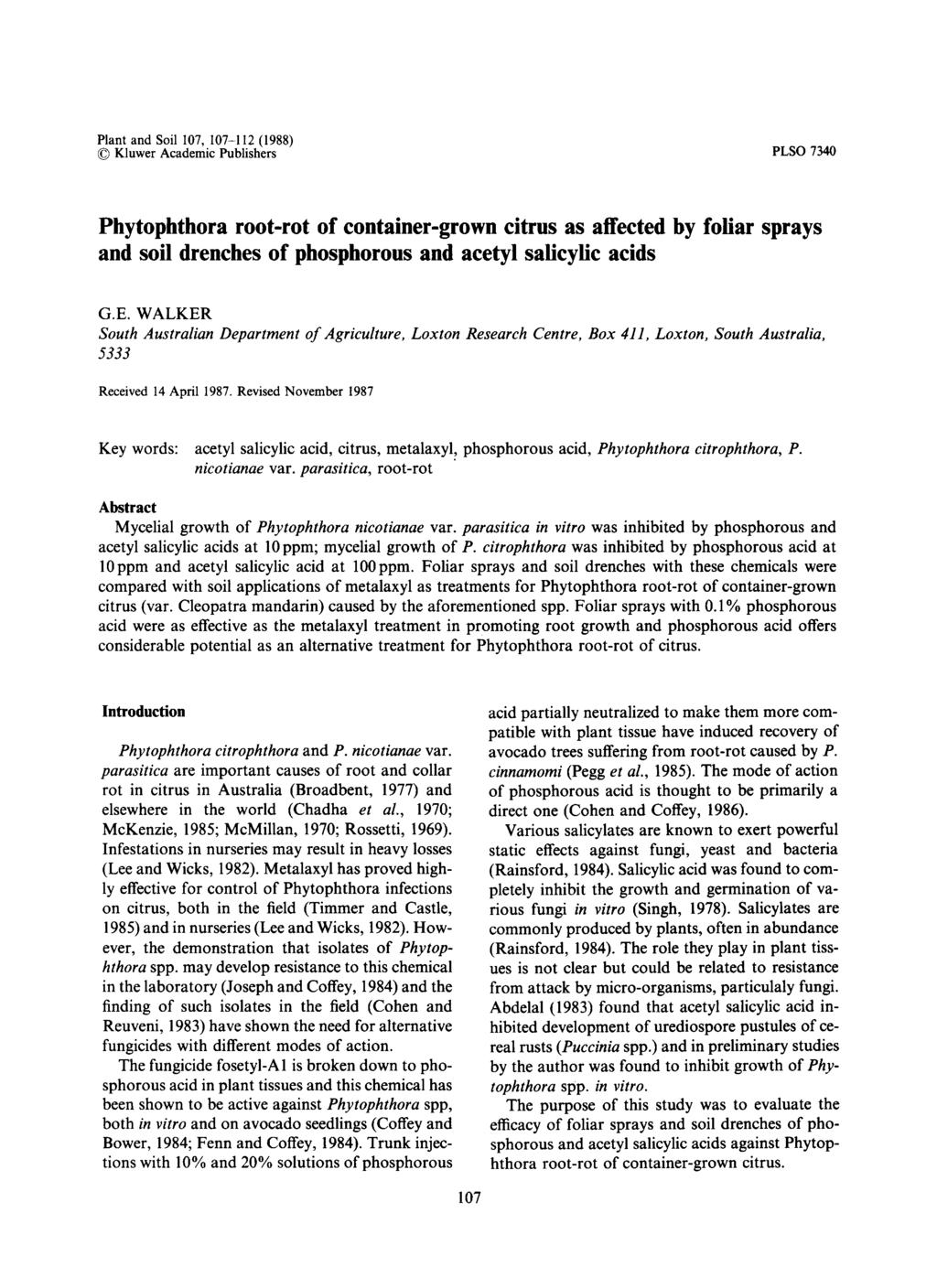 Plant and Soil 107, 107-112 (1988) 9 Kluwer Academic Publishers PLSO 7340 Phytophthora root-rot of container-grown citrus as affected by foliar sprays and soil drenches of phosphorous and acetyl