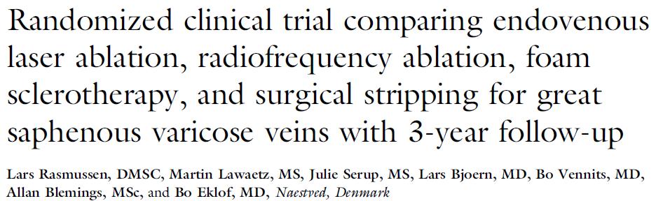 500 patients (580 limbs) Sx VV and GSVi RCT to EVLA, RFA, Foam, Surgery GSV tx and phlebectomy C2-4, primary, SVI, reflux 3 year follow up