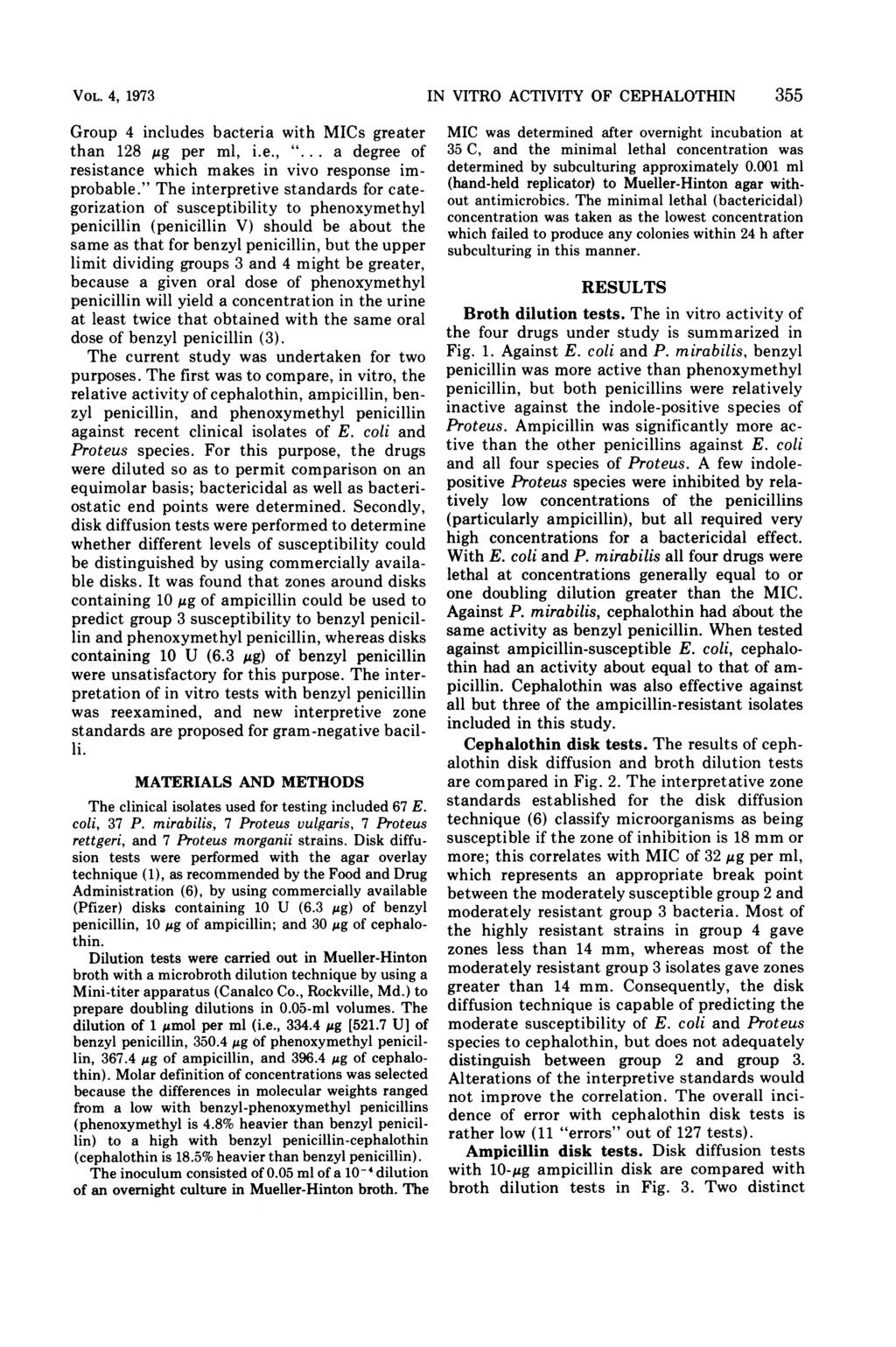 VOL. 4, 1973 Group 4 includes bacteria with MICs greater than 128 ug per ml, i.e., "... a degree of resistance which makes in vivo response improbable.