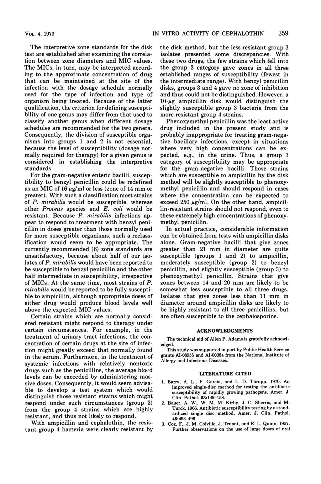 VOL. 4, 1973 IN VITRO ACTIVITY OF CEPHALOTHIN 359 The interpretive zone standards for the disk test are established after examining the correlation between zone diameters and MIC values.