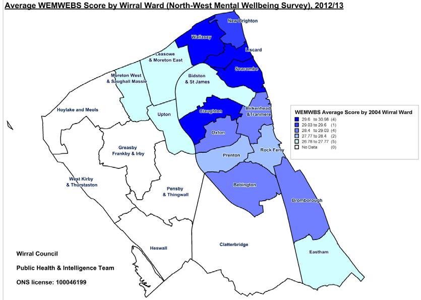 Map 1: Mental wellbeing (average WEMWBS score) by Wirral ward, 2013 As the map shows, there appears to be no clear pattern for average WEMWBS scores by ward in Wirral.