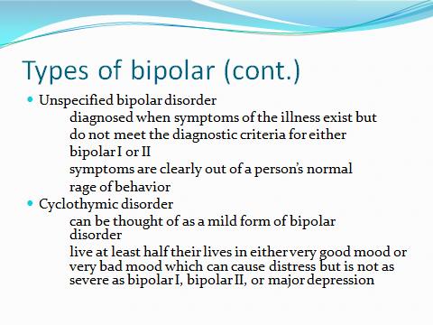 Slide 4 Types of bipolar continued Notes: Next lead a discussion on unspecified bipolar disorder talk about how it is diagnosed.