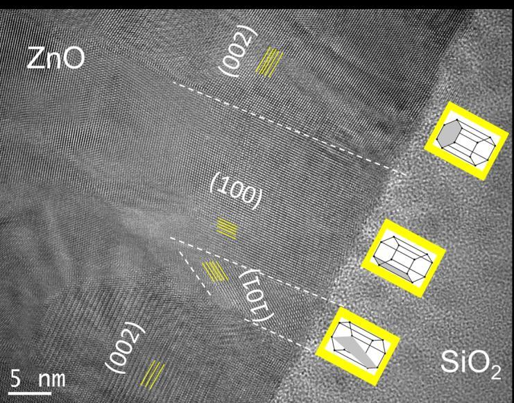 The TEM cross-section of the film grown at 3 mtorr is shown in the Figure 5.23. The yellow lines drawn in Figure 5.23 highlight the lattice structures in the TEM micrograph.