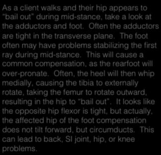 As a client walks and their hip appears to bail out during mid-stance, take a look at the adductors and foot.