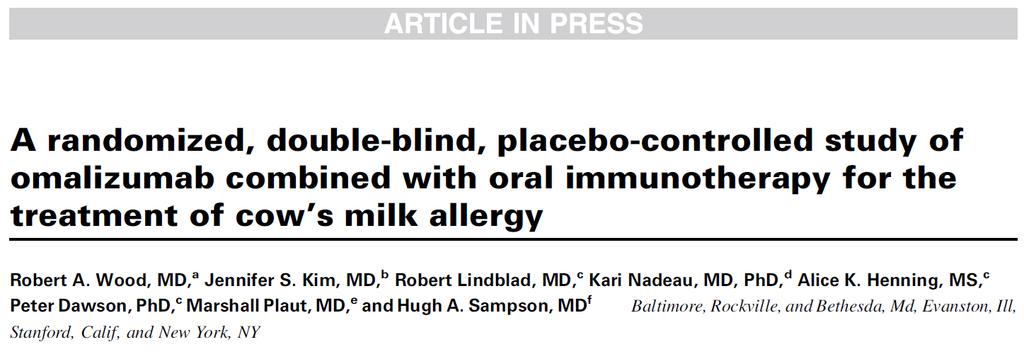 JACI April 2016 Conclusions In this first randomized, double-blind, placebo-controlled trial of omalizumab in combination with food OIT, we found significant improvements in measurements of safety