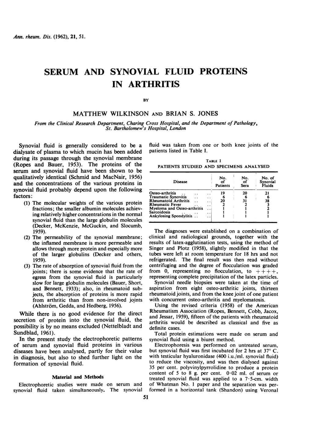 Ann. rheum. Dis. (1962), 21, 51. SERUM AND SYNOVIAL FLUID PROTEINS IN ARTHRITIS BY MATTHEW WILKINSON AND BRIAN S.
